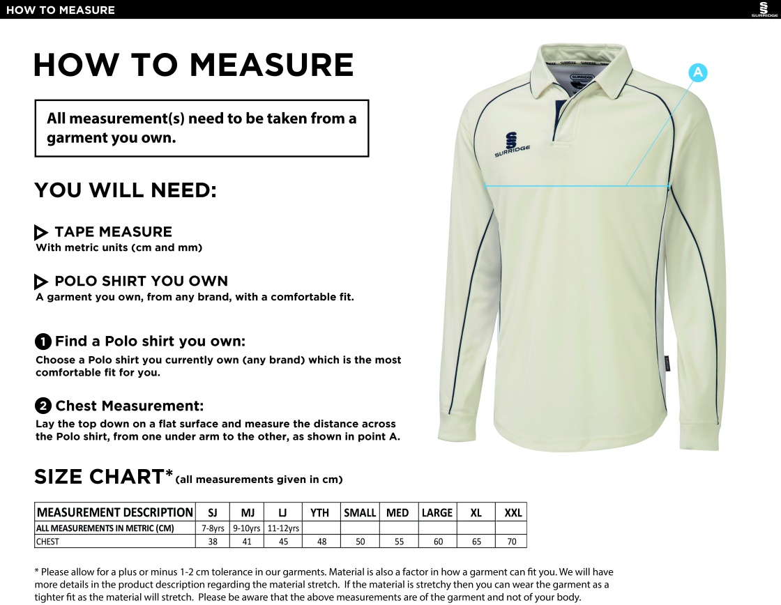 Bedworth CC Premier Long Sleeve Shirt - Size Guide