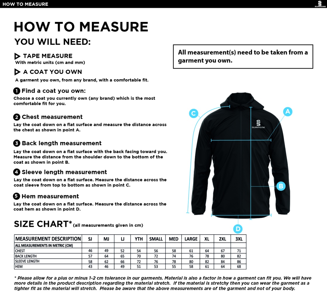 Bedworth CC - Dual Elite 1/4 Zip Hoody / Rain Jacket - Size Guide