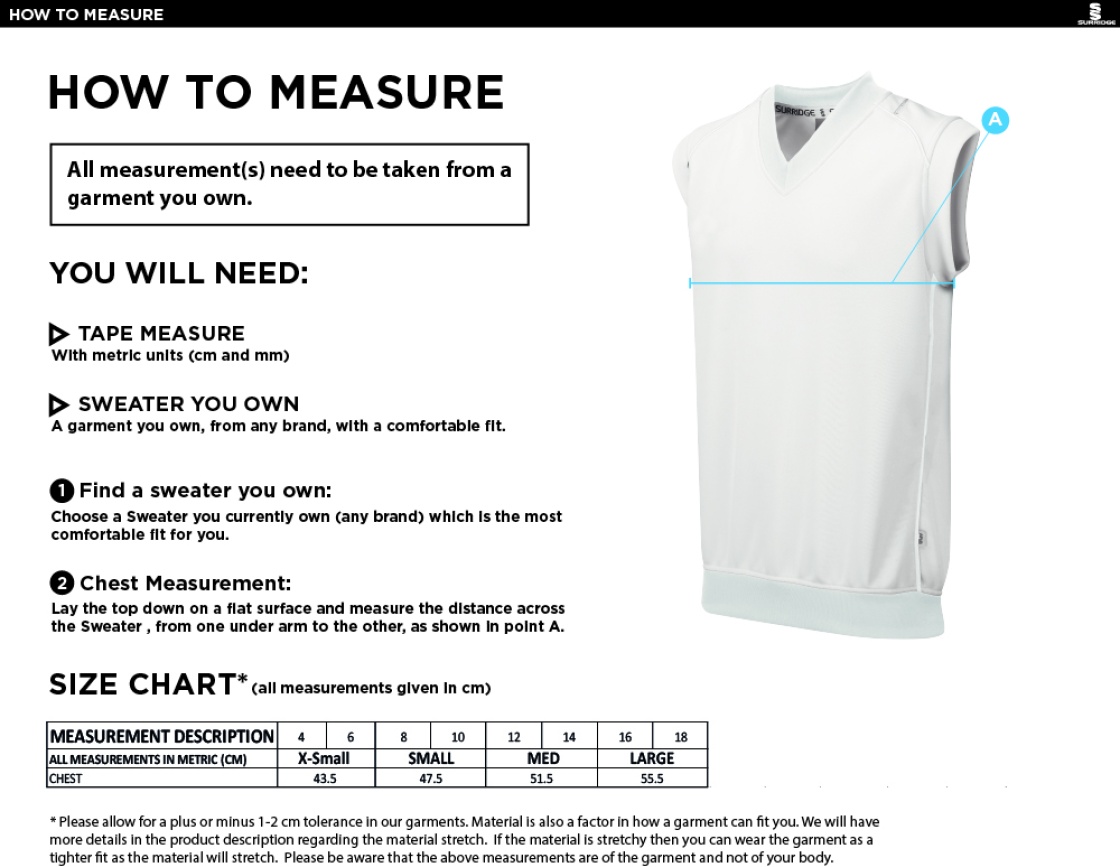 Blast Sleeveless Women's Cricket Sweater - Size Guide