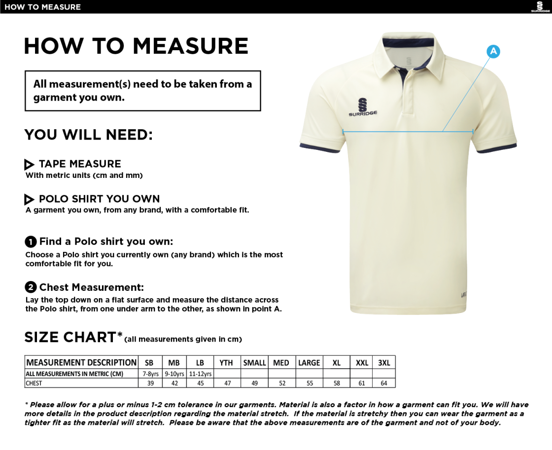 Bedworth CC Tek Short Sleeve Playing Shirt - Size Guide