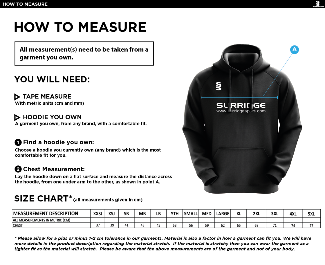 Bedworth CC Fuse Hoody : Black / White - Size Guide