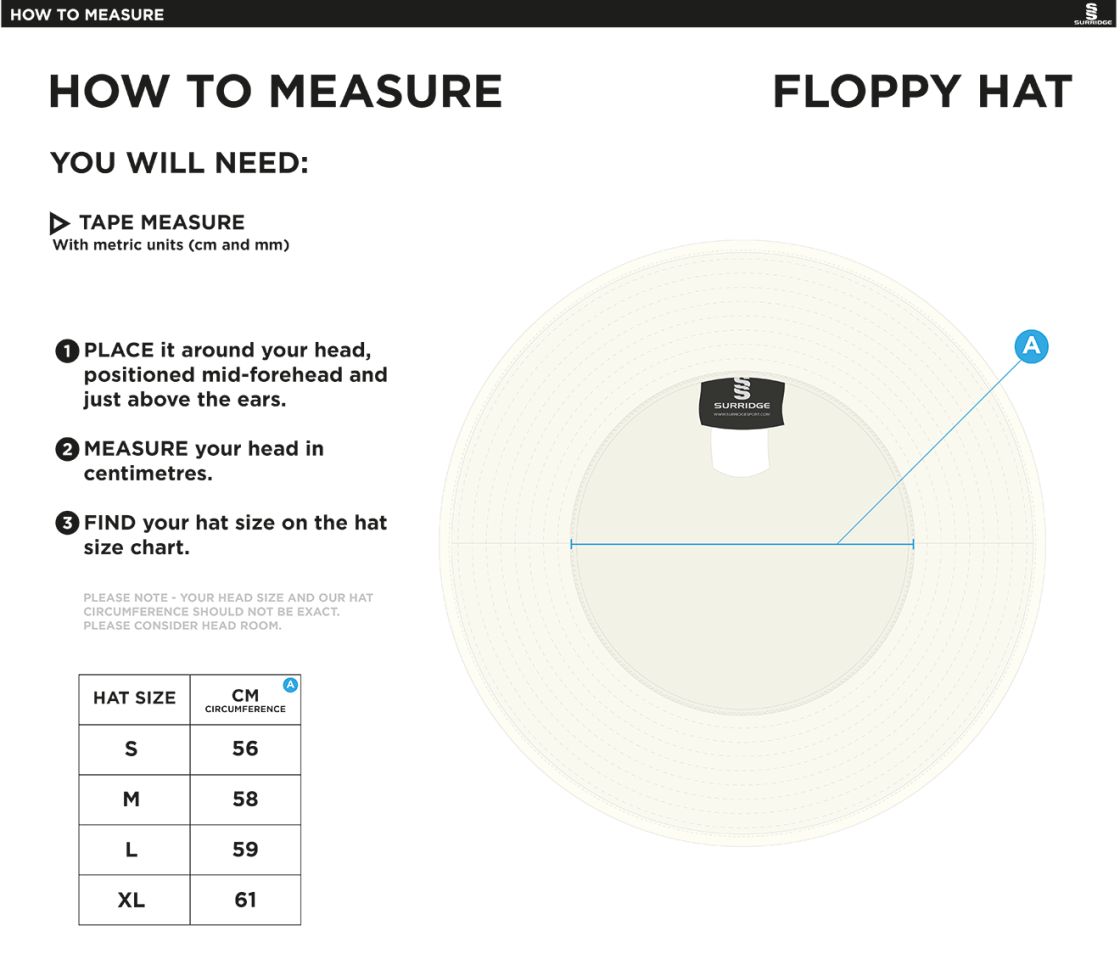 Bedworth CC - Floppy Sun Hat - Size Guide