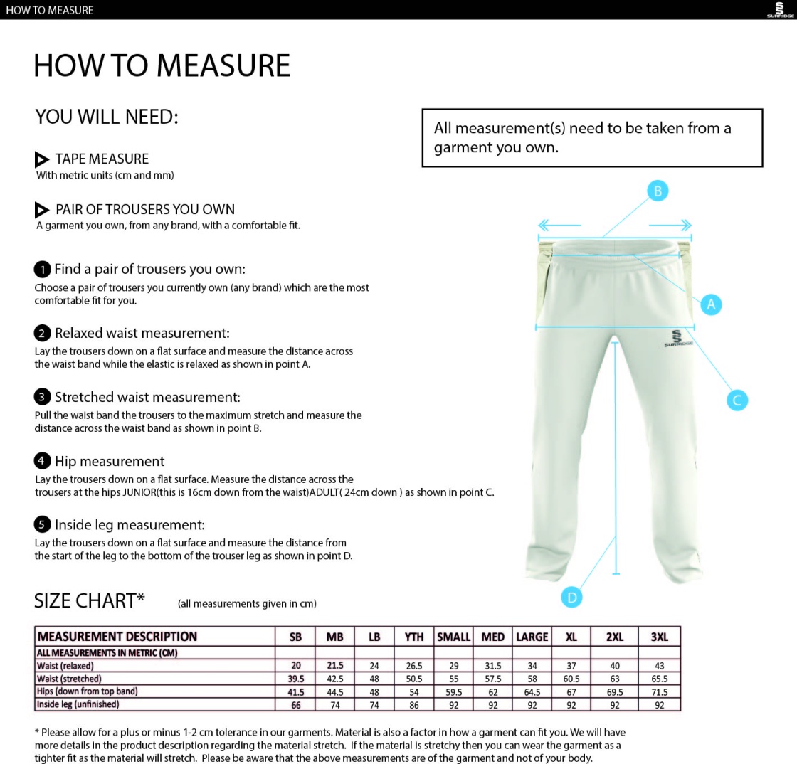 Bedworth CC Pro Trousers - Size Guide