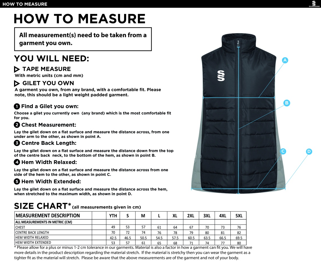 Bedworth CC - ACTIVE GILET - BLACK - Size Guide