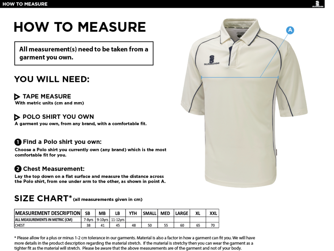 Bedworth CC 3/4 Premier Junior shirt - Size Guide