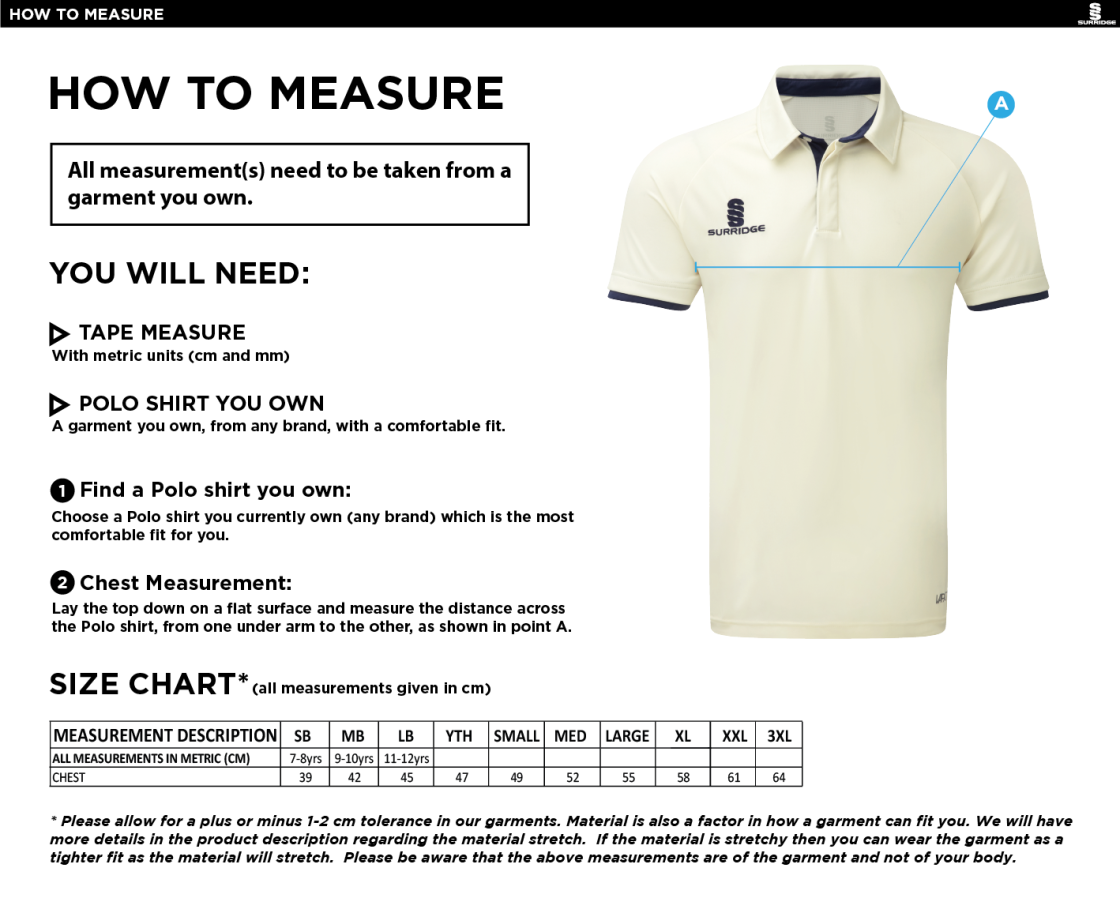 Bedworth CC Tek Short Sleeve Junior Playing Shirt - Size Guide