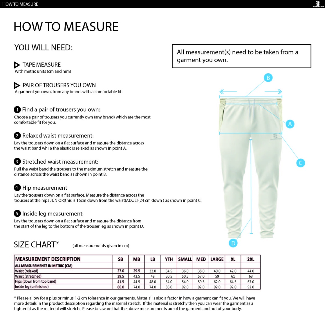 Bedworth CC - Blade Playing Pant : Black - Size Guide