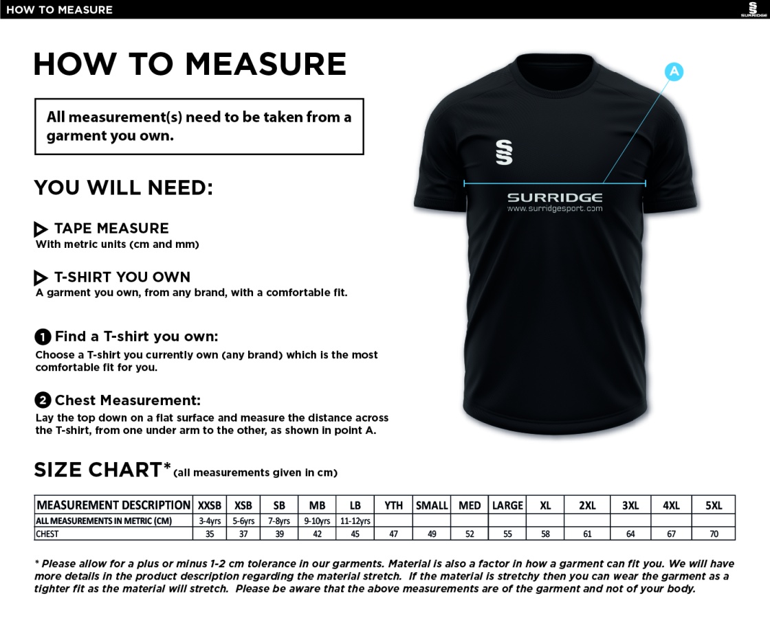 Bedworth CC Blade Training Shirt : Black / White - Size Guide