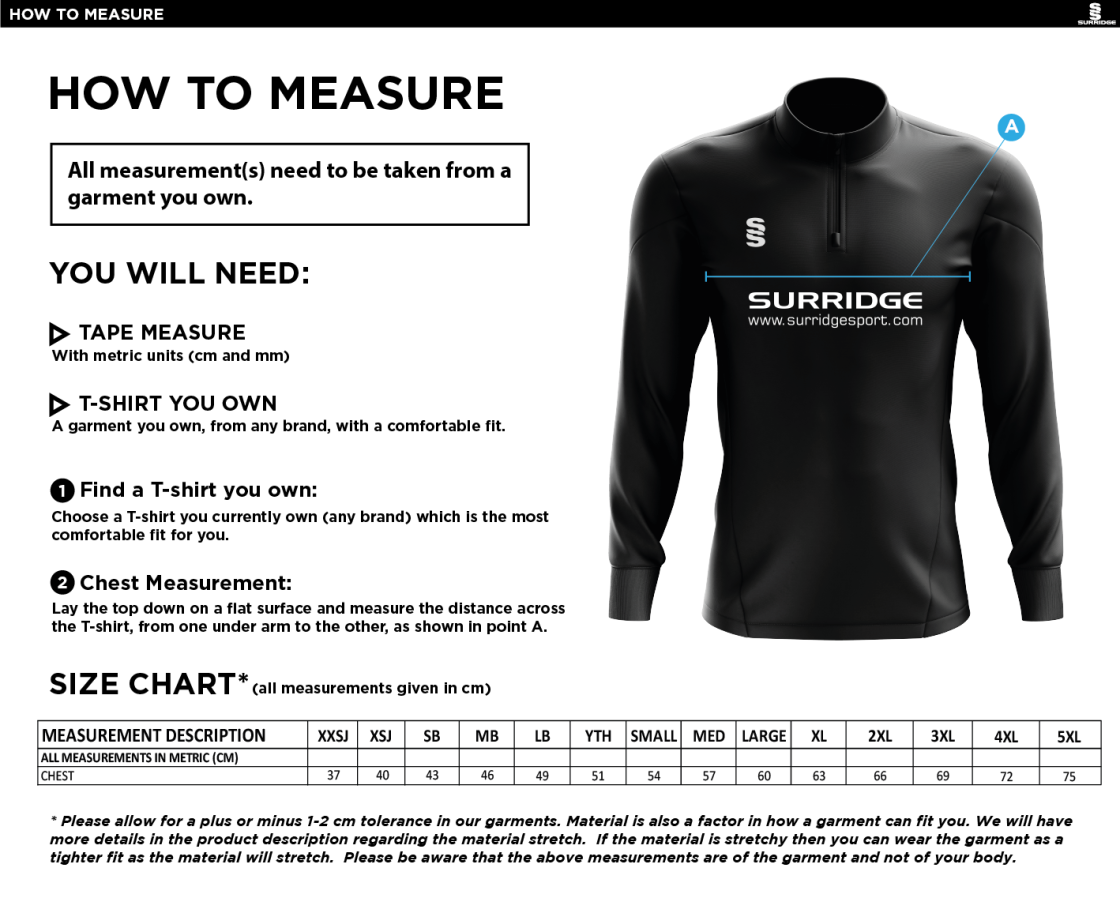 Bedworth CC 1/4 Zip Dual Performance Top :  Black - Size Guide