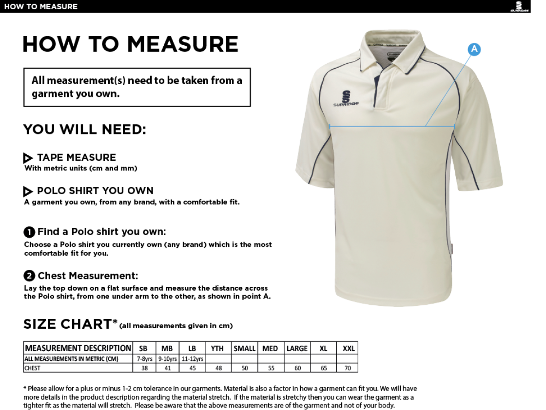 Bedworth CC - Dual Premier Short Sleeve Shirt - Size Guide