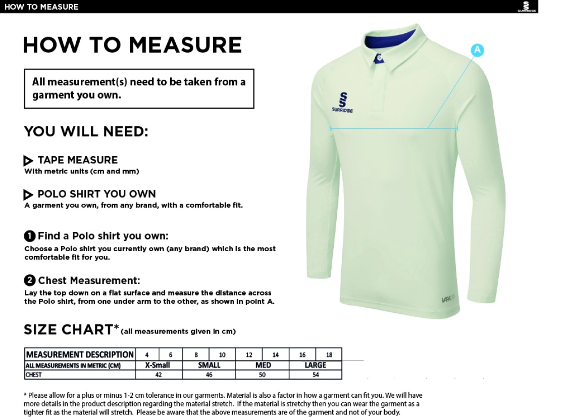 Bedworth CC - DUAL LONG SLEEVE CRICKET SHIRT (WOMENS)-Ivory - Size Guide