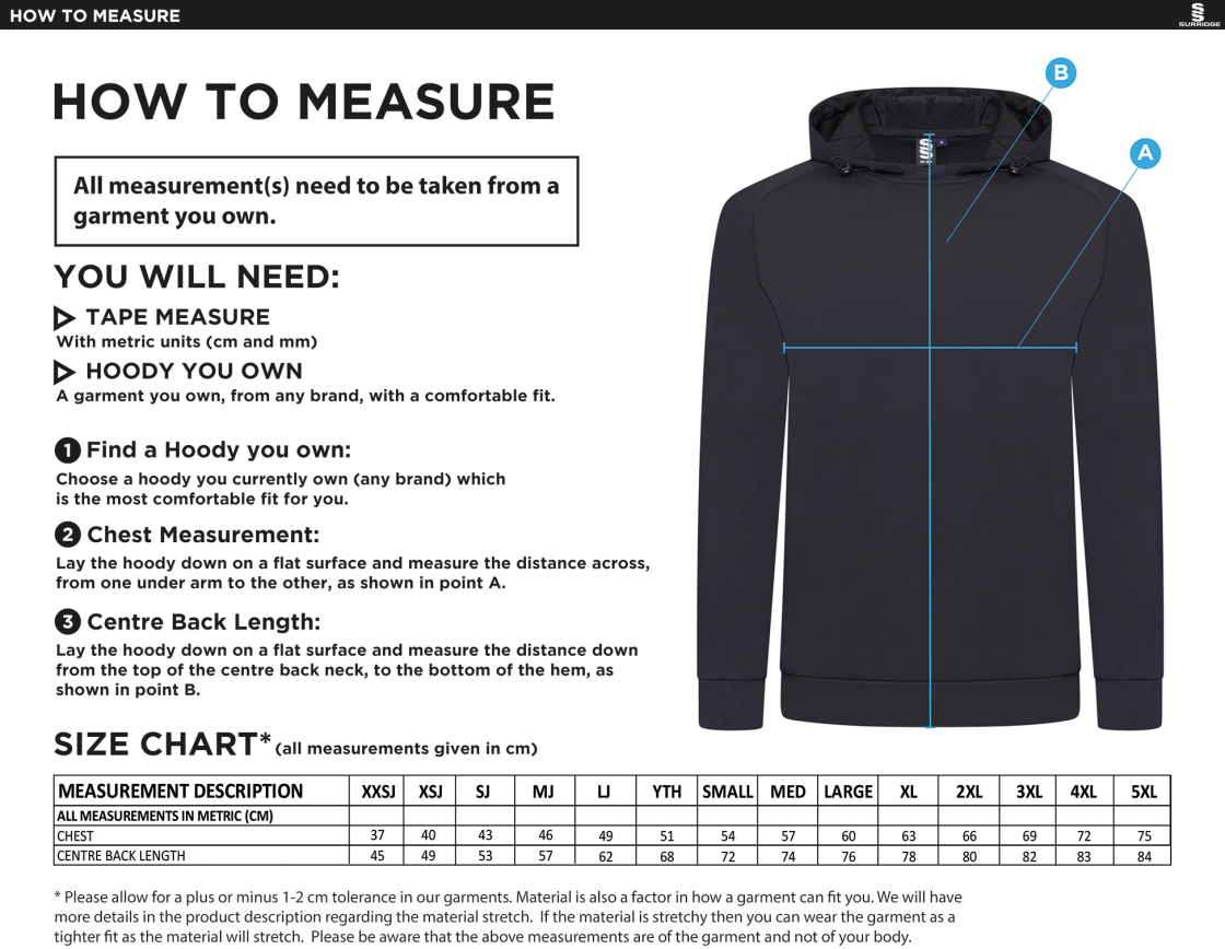 Bedworth CC - ACTIVE HOODY BLACK - Size Guide