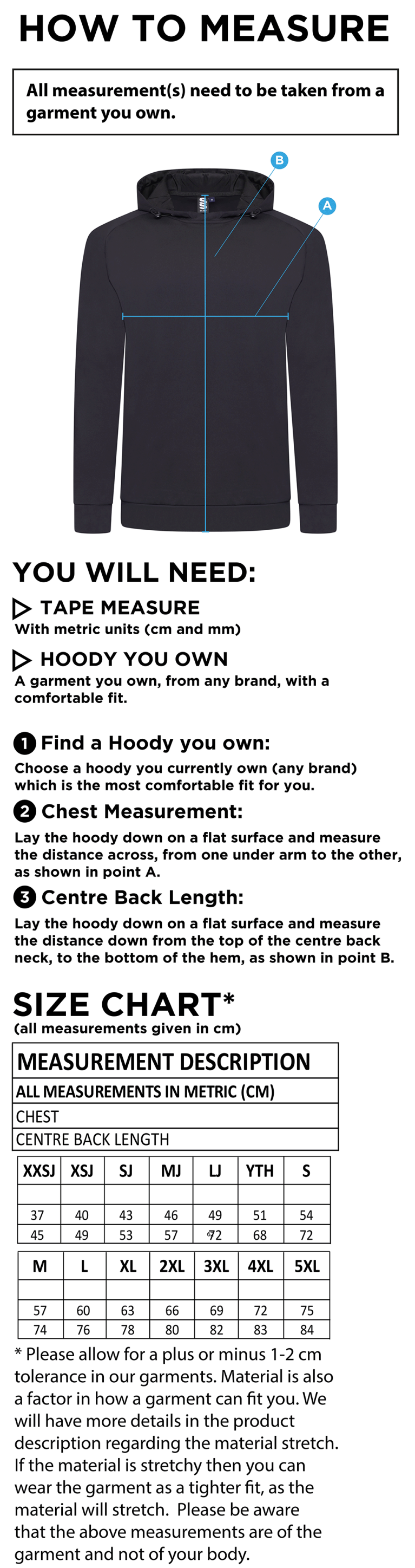 Bedworth CC - ACTIVE HOODY BLACK - Size Guide