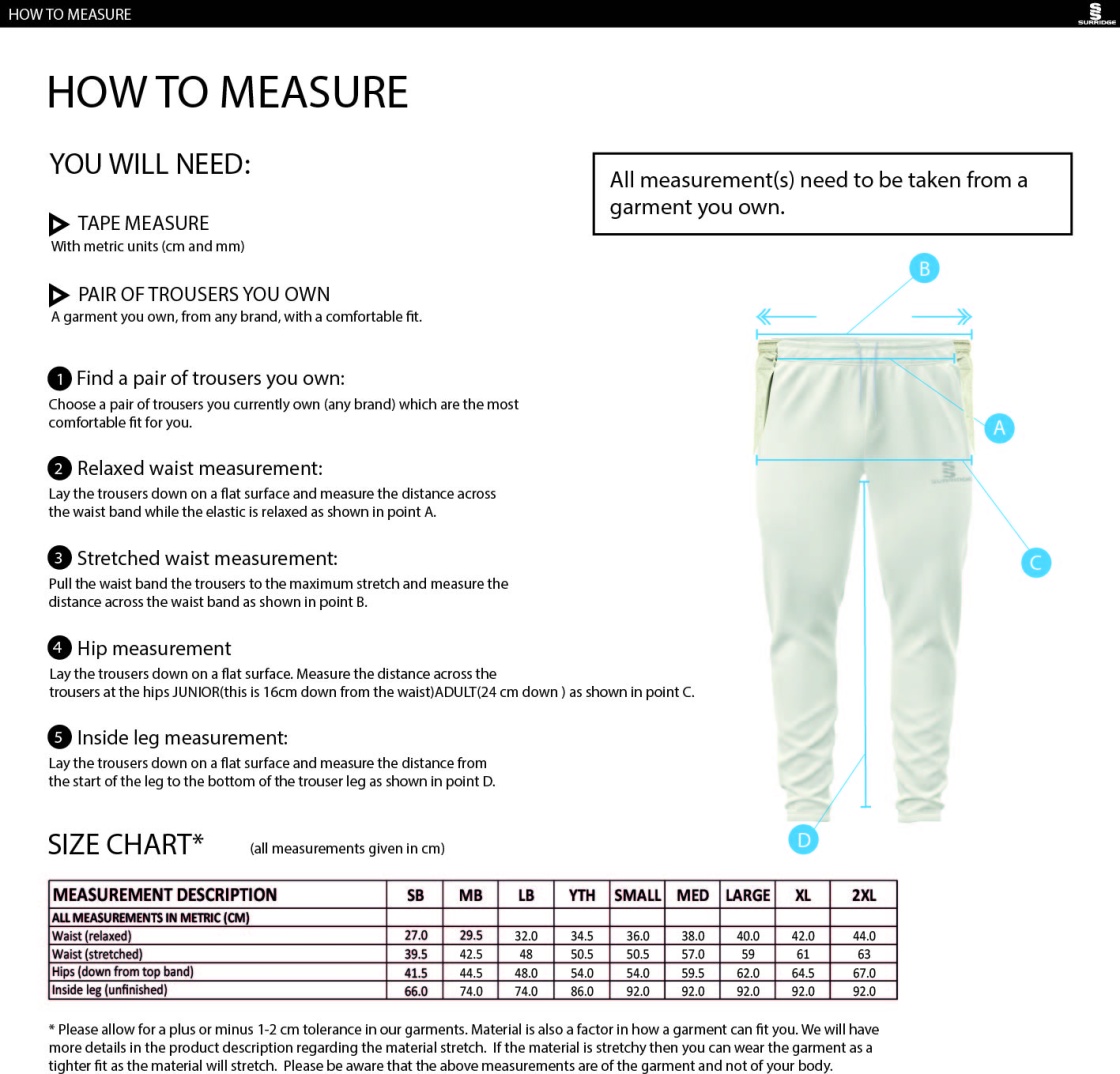 Bedworth CC Tek Trousers - Size Guide