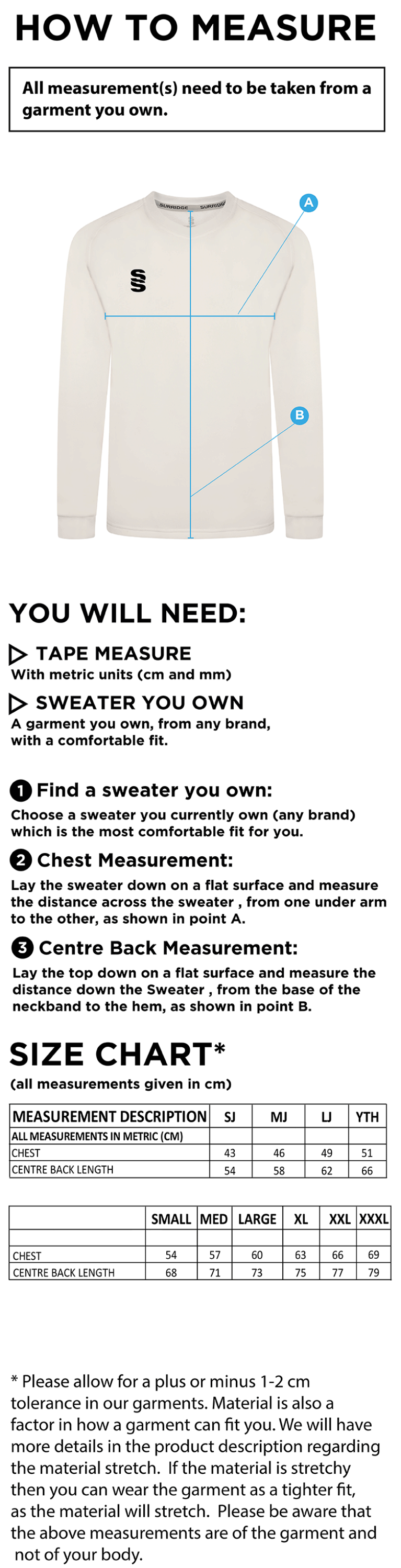 Blast Long Sleeve Cricket Sweater lightique - Size Guide