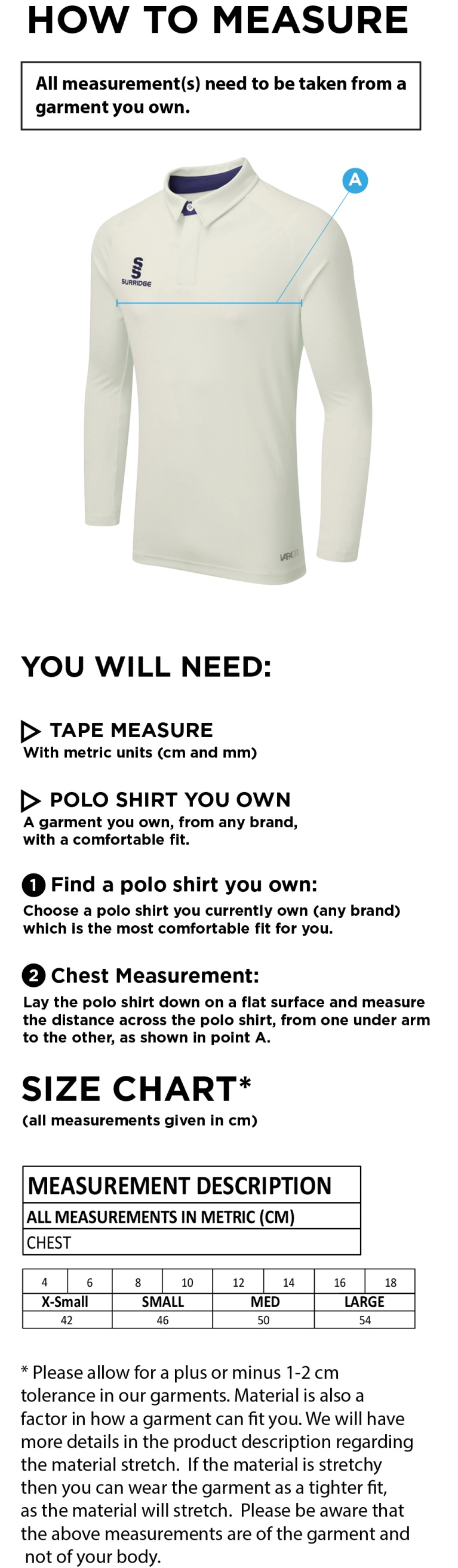 Bedworth CC - DUAL LONG SLEEVE CRICKET SHIRT (WOMENS)-Ivory - Size Guide