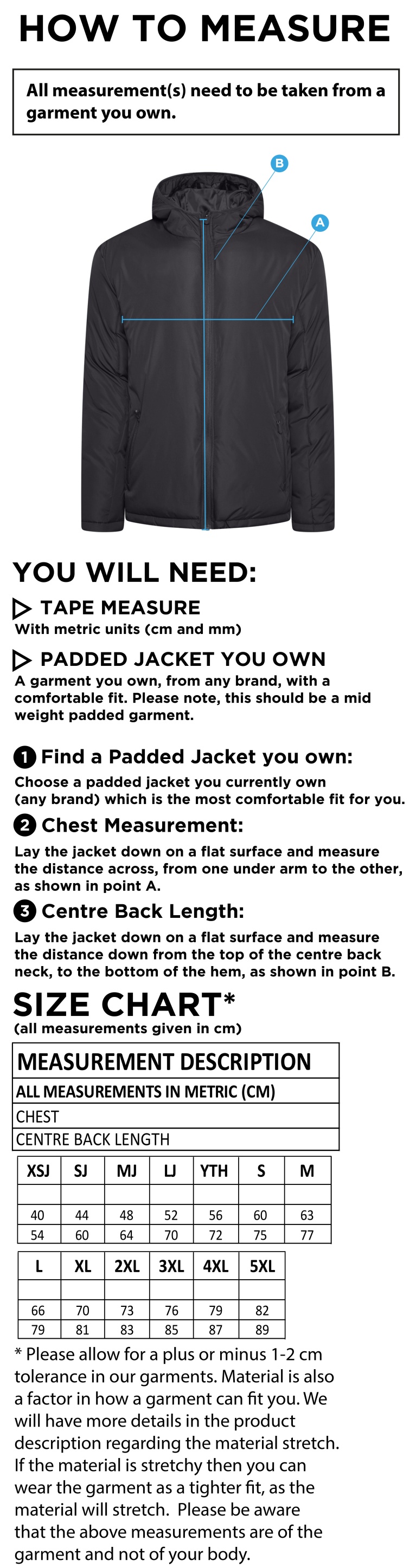 Bedworth CC - Active Padded Jacket - Black - Size Guide