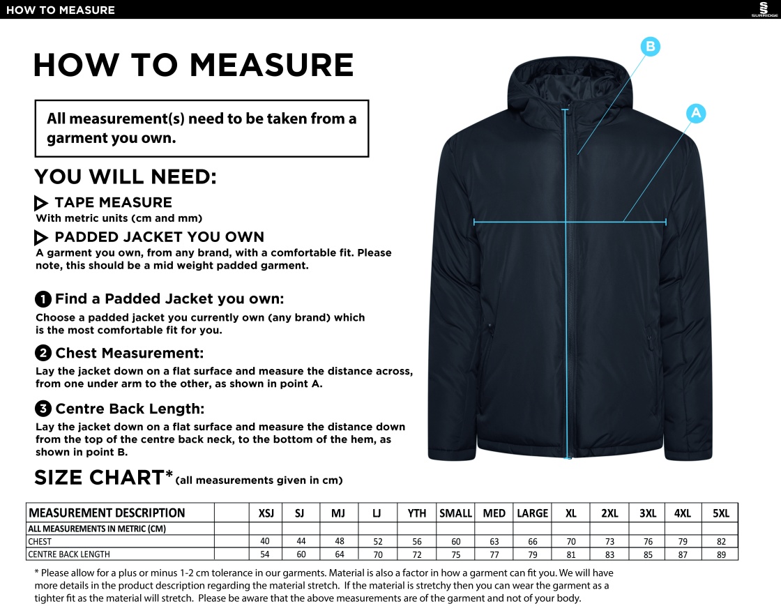 Bedworth CC - Active Padded Jacket - Black - Size Guide