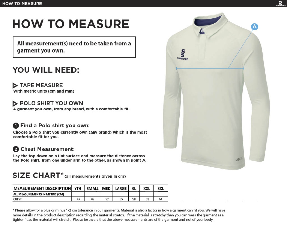 Bedworth CC Tek Long Sleeve Playing Shirt - Size Guide