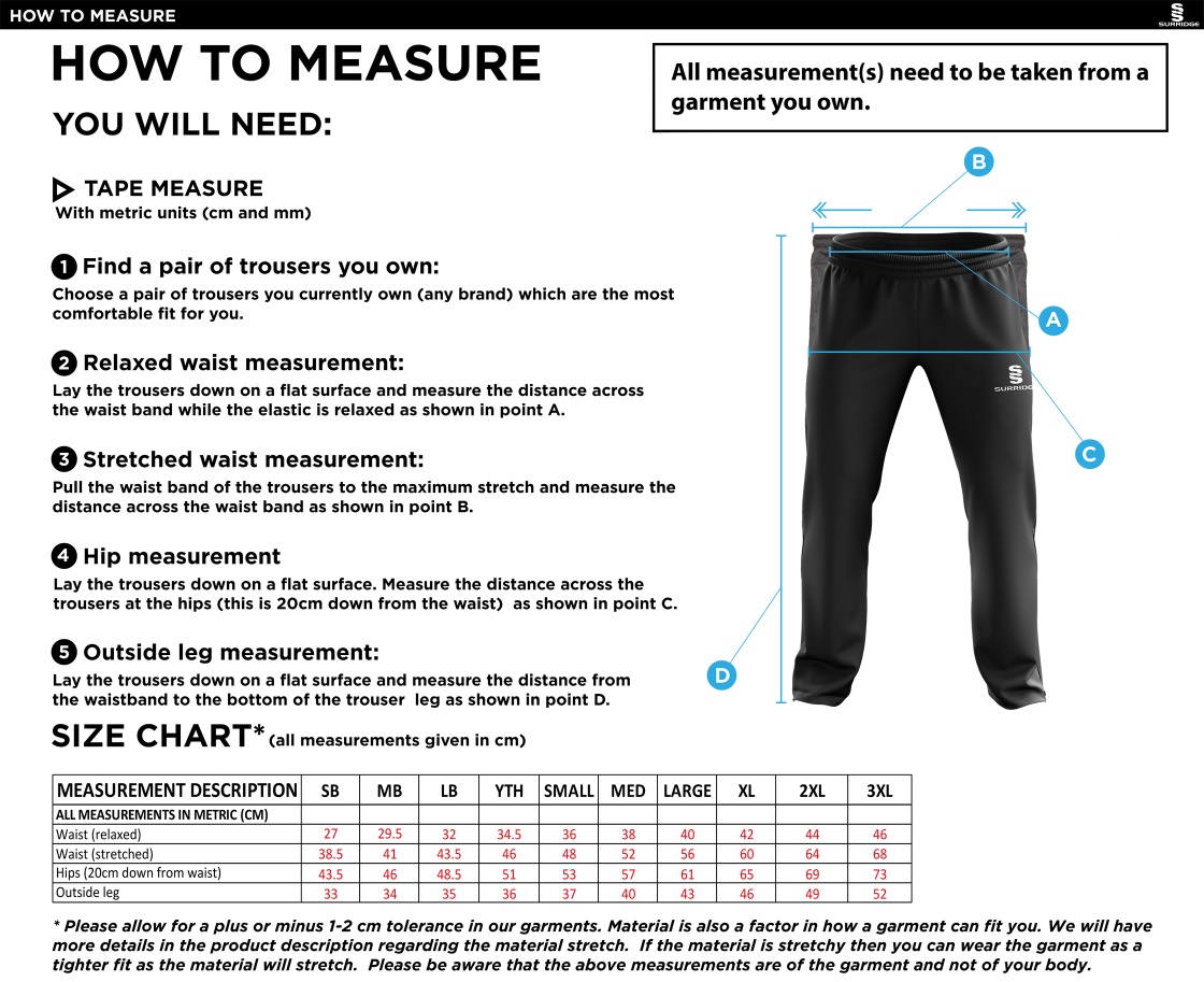 Bedworth CC Rip Stop Track Pant : Black - Size Guide