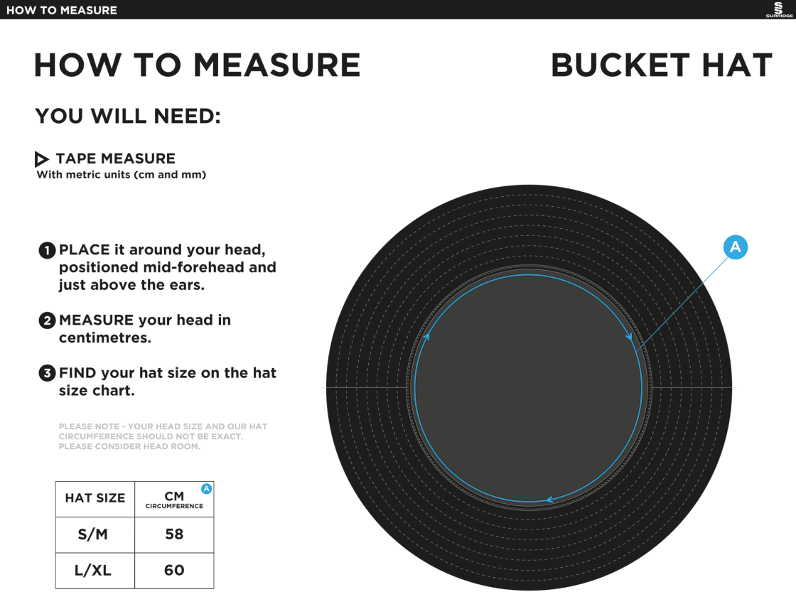 Bedworth CC - Dual Bucket Hat - Black - Size Guide