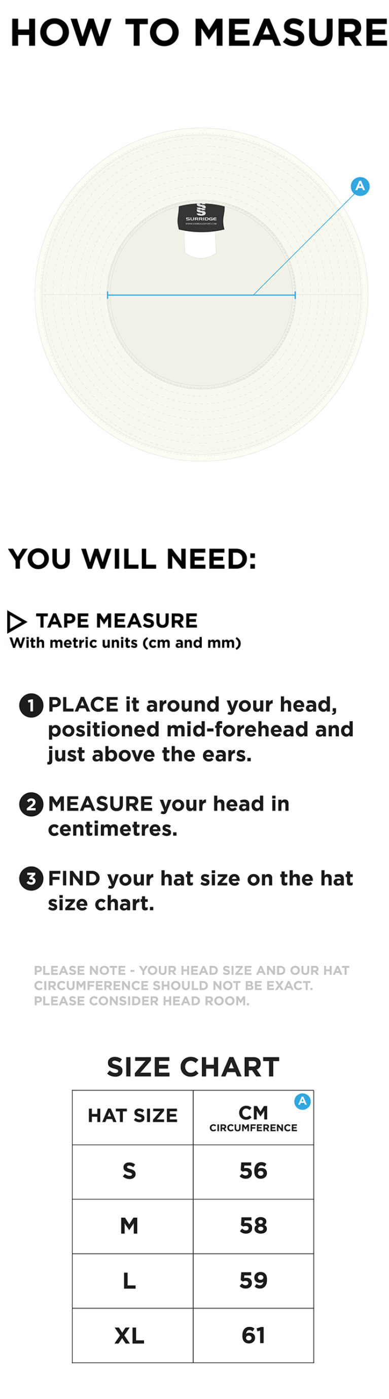 Bedworth CC - Floppy Sun Hat - Size Guide