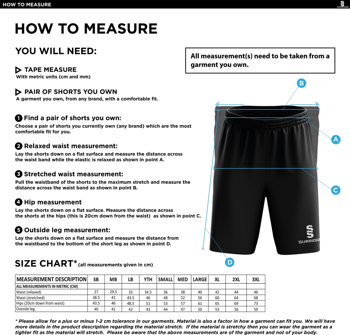 Bedworth CC Youth's Ripstop Pocketed Shorts - Black - Size Guide